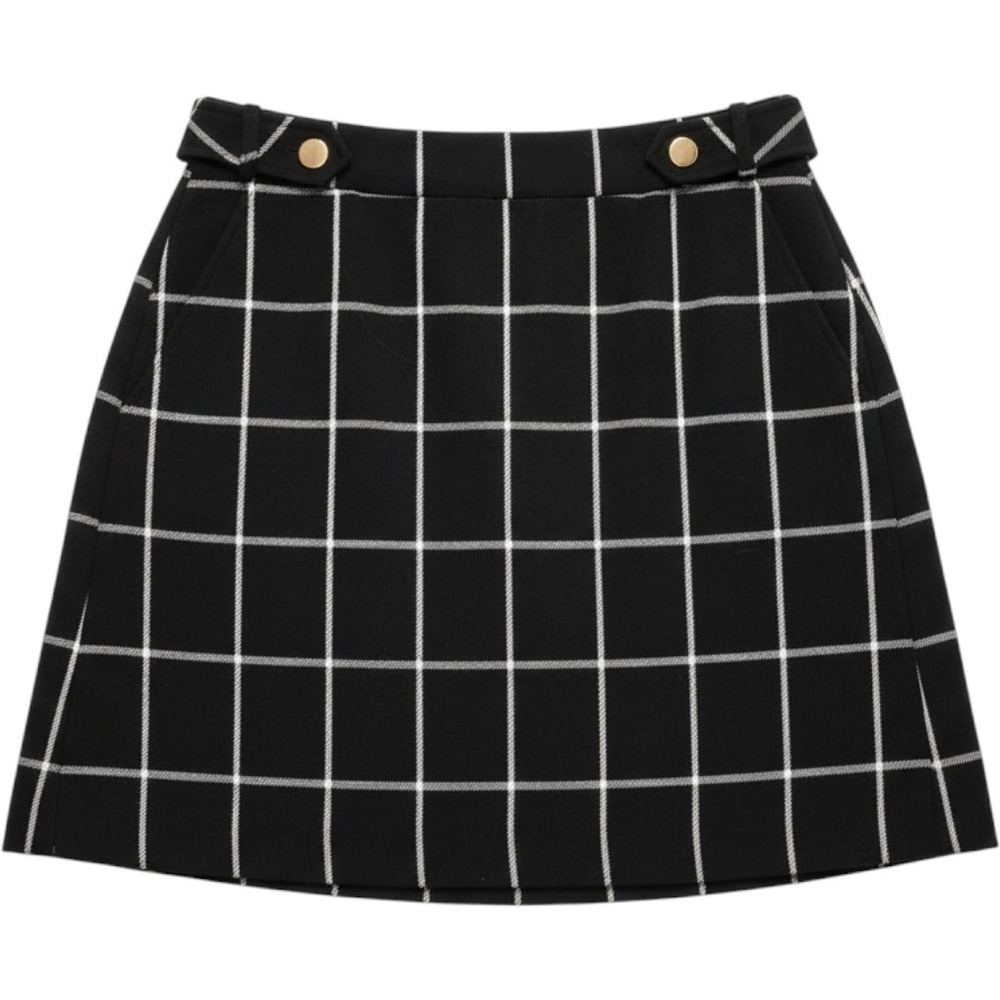 LOFT Women Black White Windowpane Plaid Mini Skirt Gold Button Tab Size 4
